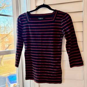 Lauren Ralph Lauren Women's Black Red Nautical Striped Square Neck 3/4 Sleeve